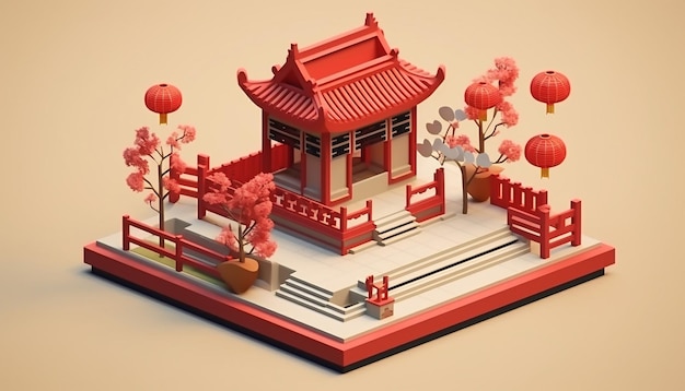 Diorama minimaliste du Nouvel An chinois isométrique généré par l'intelligence artificielle