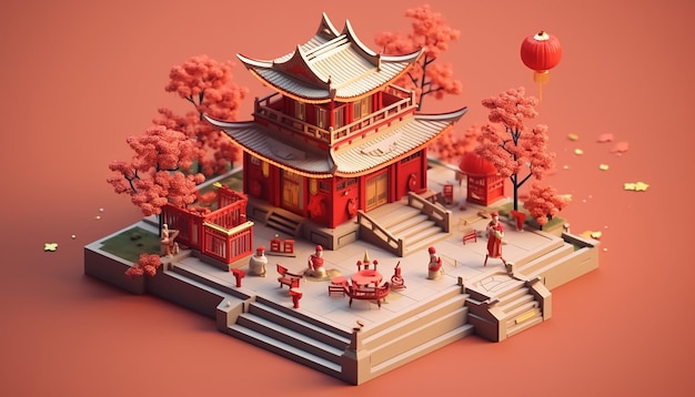 Diorama minimaliste du Nouvel An chinois isométrique généré par l'intelligence artificielle