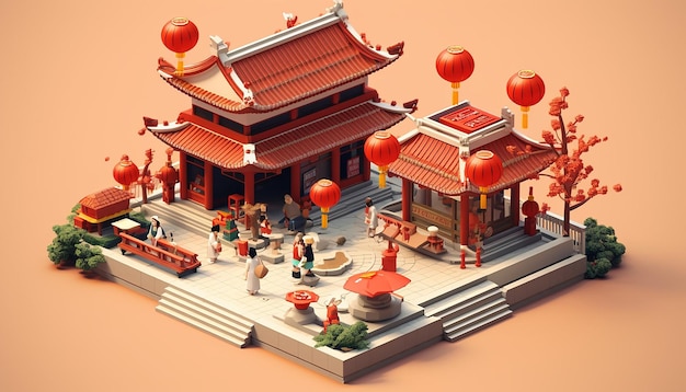 Diorama minimaliste du Nouvel An chinois isométrique généré par l'intelligence artificielle