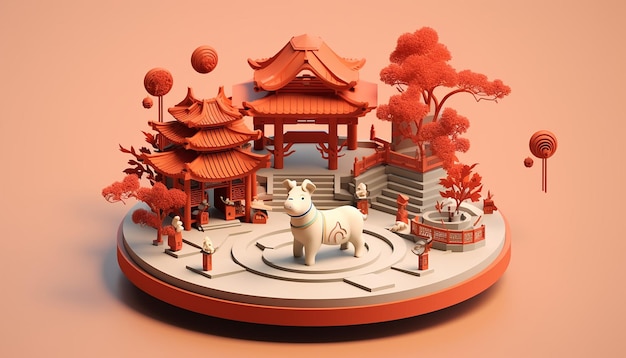 Diorama minimaliste du Nouvel An chinois isométrique généré par l'intelligence artificielle