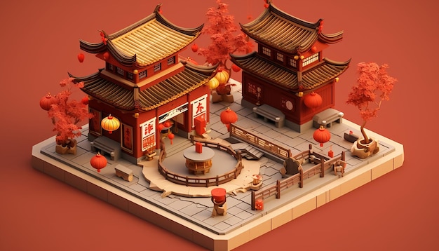 Diorama minimaliste du Nouvel An chinois isométrique généré par l'intelligence artificielle