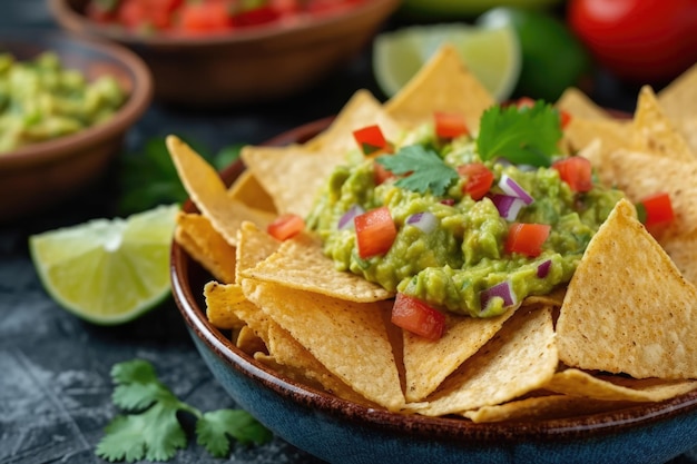 Dip de guacamole d'avocat en gros plan avec des nachos aux chips de tortilla