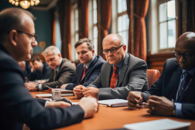 Photo des diplomates de diverses nations collaborent dans des discussions démontrant la coopération mondiale