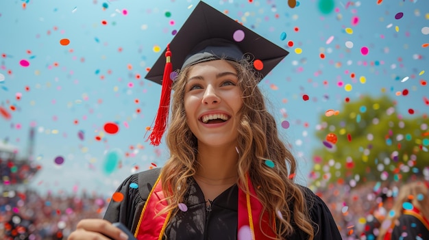 diplômé jubilant dans un chapeau noir et une robe tenant un diplôme avec un ruban rouge vif