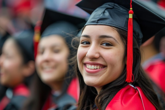 Un diplômé rayonnant partageant un moment de joie entouré de ses collègues diplômés.