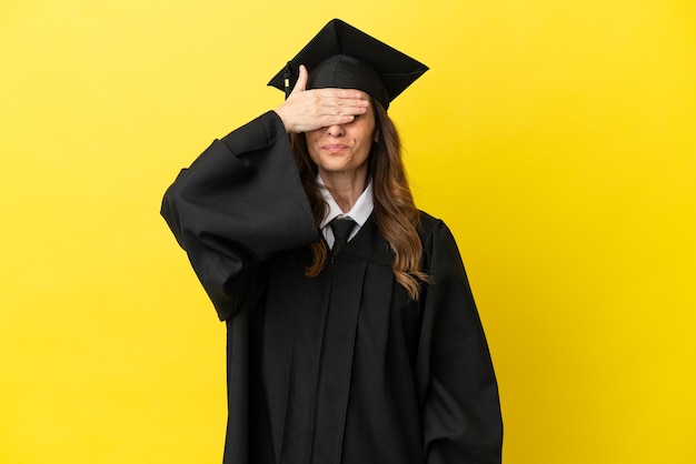 Diplômé universitaire d'âge moyen isolé sur fond jaune couvrant les yeux à la main. Je ne veux pas voir quelque chose