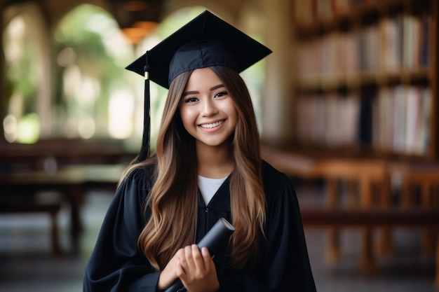 Une diplômée heureuse aux cheveux longs tenant un diplôme à l'intérieur.