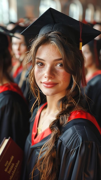 Une diplômée portant un chapeau et une robe tient fièrement son diplôme.