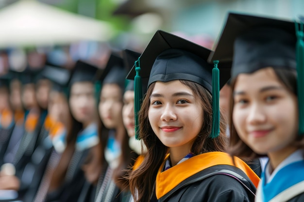 Une diplômée souriante en casquette et robe avec un groupe flou d'étudiants diplômés en arrière-plan