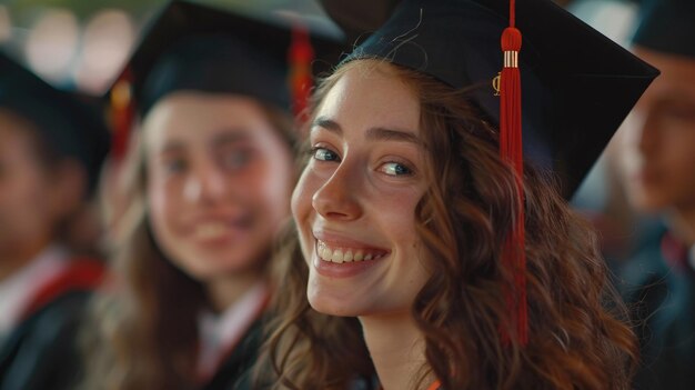 Photo une diplômée souriante en mortier noir et en toupie rouge célébrant sa réalisation.