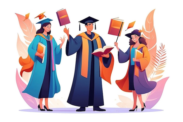 Les diplômés célèbrent le concept Un jeune homme et une jeune femme en robe et chapeau debout à côté des livres Les étudiants reçoivent un diplôme Cartoon vecteur de gradient moderne illustration isolée sur fond blanc