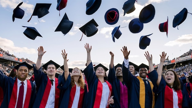 Des diplômés divers jettant des chapeaux en l'air