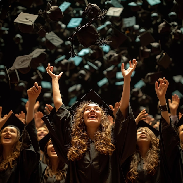 Photo les diplômés jetant leur casquette en l'air