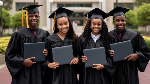 Les diplômés en tenue académique sont titulaires de diplômes et sourient à l'extérieur