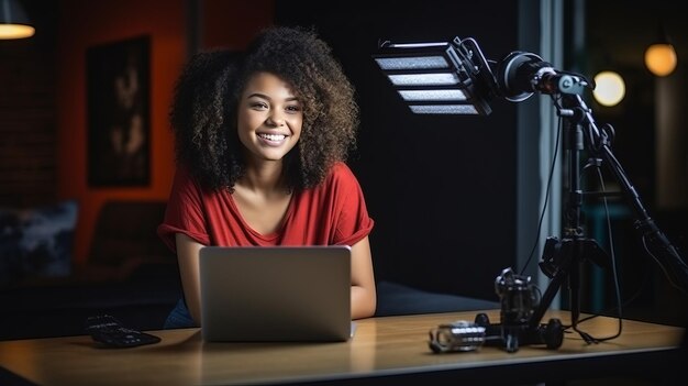 Photo en direct sur les réseaux sociaux, une jeune latine aux cheveux afro utilise la caméra pour enregistrer une vidéo.