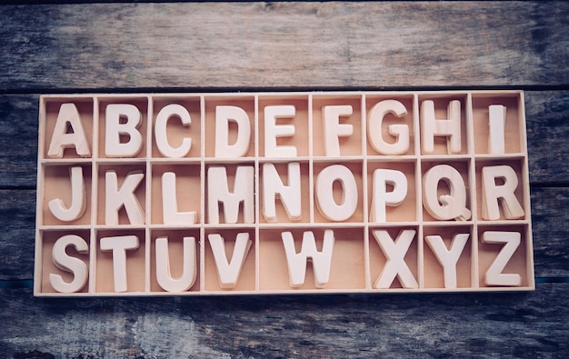Directement au-dessus de la photo d'alphabets en bois dans un récipient sur la table