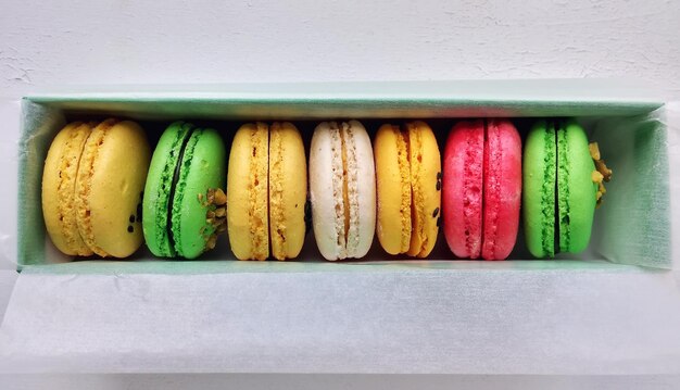 Directement au-dessus de la photo de macaroons colorés dans une boîte sur la table