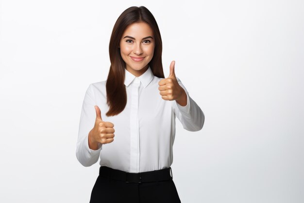 Le directeur de banque confiant, une belle femme démontrant le succès et l'approbation avec une main correcte