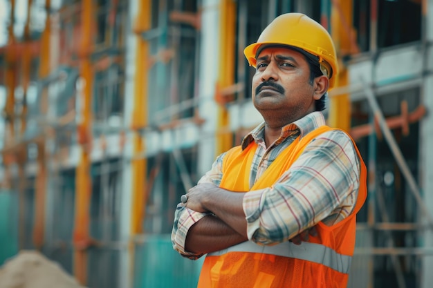 Un directeur de chantier indien en équipement de sécurité réfléchit sur le chantier.