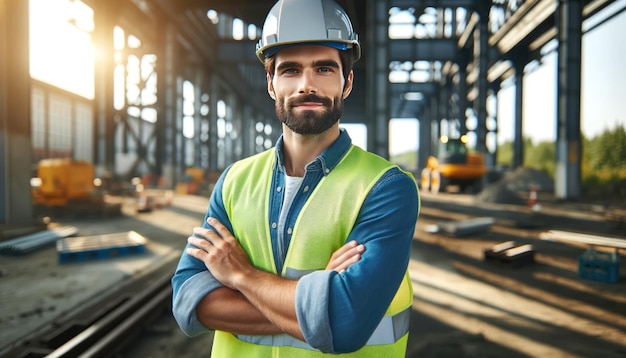 Un directeur de construction professionnel avec un casque et une veste de sécurité supervise avec confiance une entreprise occupée