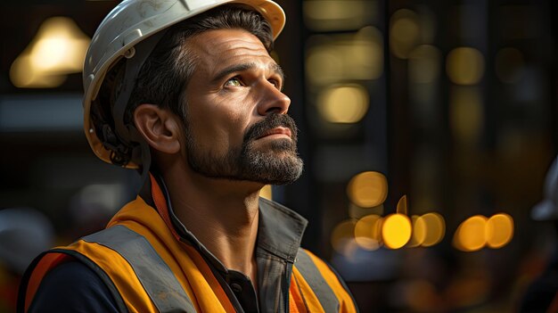 Le directeur du chantier de construction se tient debout avec les bras croisés et porte un gilet de sécurité et un casque.