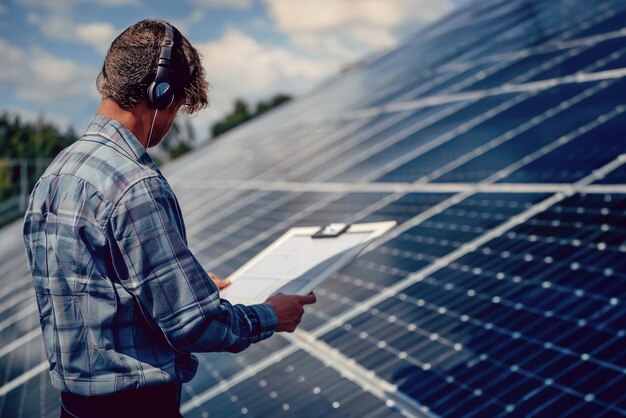 Photo le directeur de la durabilité effectue un audit énergétique inspectant les panneaux solaires, l'éclairage led et le recyclage.