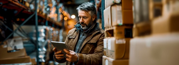 Photo un directeur d'entrepôt efficace qui utilise la technologie pour préparer les expéditions