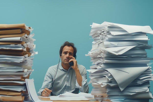 Un directeur d'entreprise au bureau et des tas de papiers réprimandés au téléphone pour un travail mal fait.