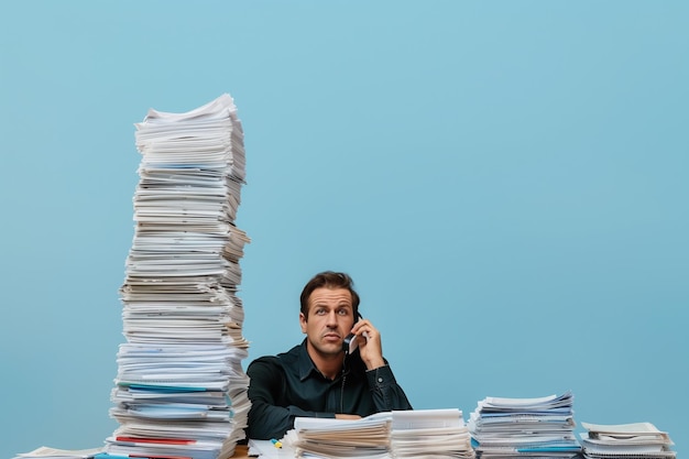 Un directeur d'entreprise au bureau et des tas de papiers réprimandés au téléphone pour un travail mal fait.