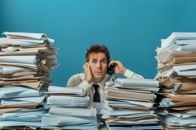 Un directeur d'entreprise au bureau et des tas de papiers réprimandés au téléphone pour un travail mal fait.