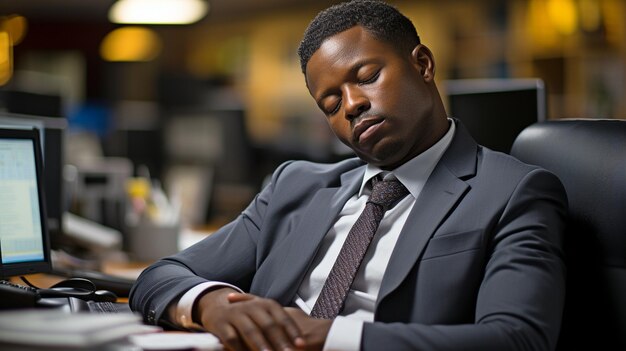 Un directeur d'entreprise fait une sieste à son bureau.