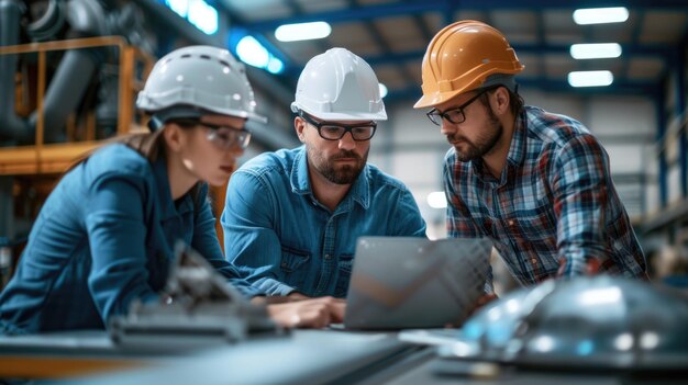 Photo le directeur de l'ingénieur de sécurité rencontre l'équipe d'ingénieurs avec un ordinateur portable dans la nouvelle usine