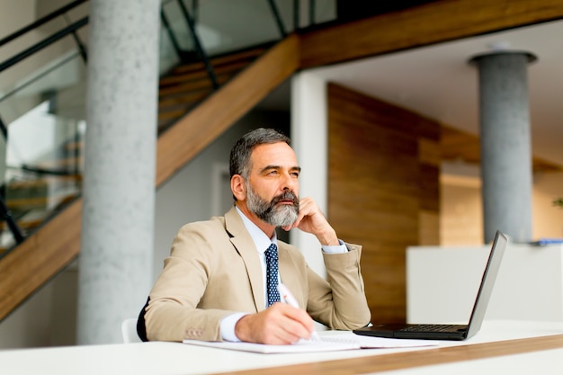 Directeur principal assis au bureau et travaillant sur les ordinateurs portables au bureau