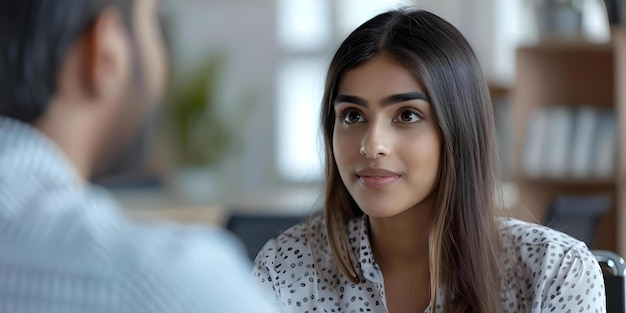 Un directeur des ressources humaines indien écoute un candidat latin lors d'un entretien d'embauche dans un bureau Concept Entretien d'emploi Diversité culturelle Directeur des ressources humaines Candidat latin Environnement de bureau