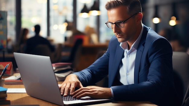 Un directeur des ventes de bureau avec un ordinateur portable