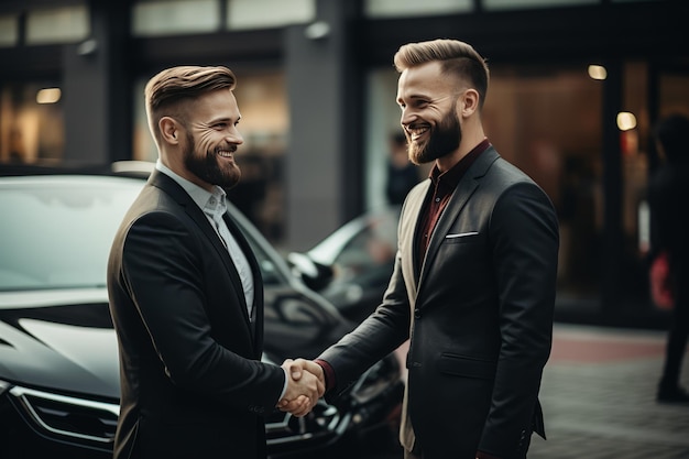 Photo le directeur des ventes en costume noir fait une affaire réussie en vendant une voiture à un client.