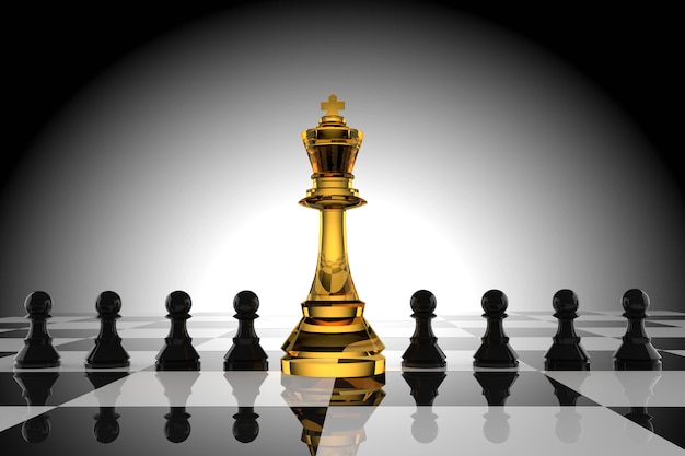 Direction du roi du verre aux échecs avec un pion noir en rendu 3D