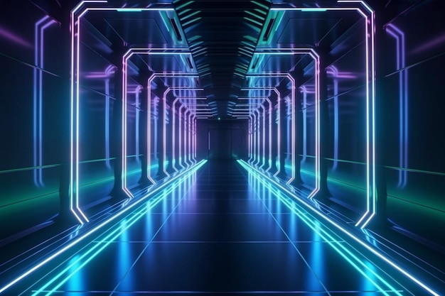 Direction du sentier de lumière au néon de couleur abstraite en perspective dans l'arrière-plan de la ville futuriste AI générative