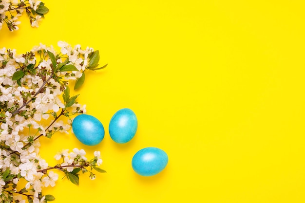 Direction générale de la fleur de cerisier et oeufs bleus de Pâques sur fond jaune.