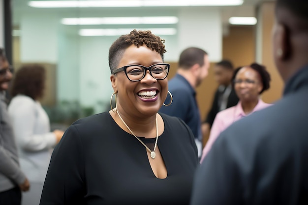 La directrice afro-américaine d'âge moyen en robe noire sourit et parle à un collègue de bureau.