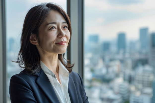Une directrice japonaise souriante observe la vue depuis la fenêtre de son bureau.