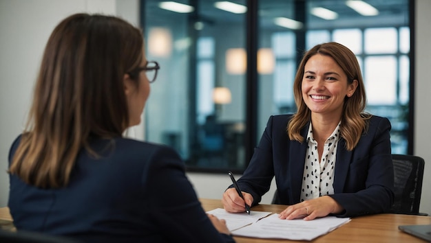 Une directrice souriante interviewant un candidat au bureau