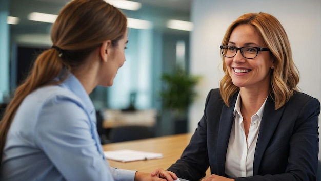 Une directrice souriante interviewant un candidat au bureau