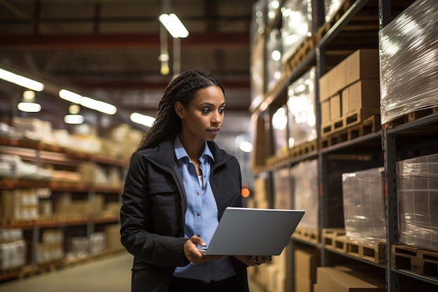 Photo la directrice utilise un ordinateur portable pour vérifier l'inventaire dans le centre de vente au détail de l'entrepôt.