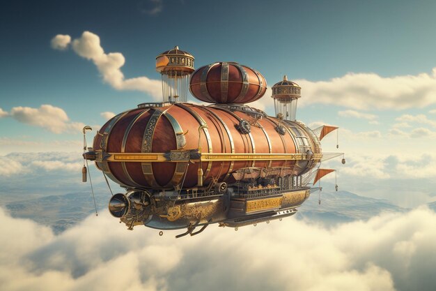 Un dirigeable inspiré du steampunk s'élève à travers une IA générative