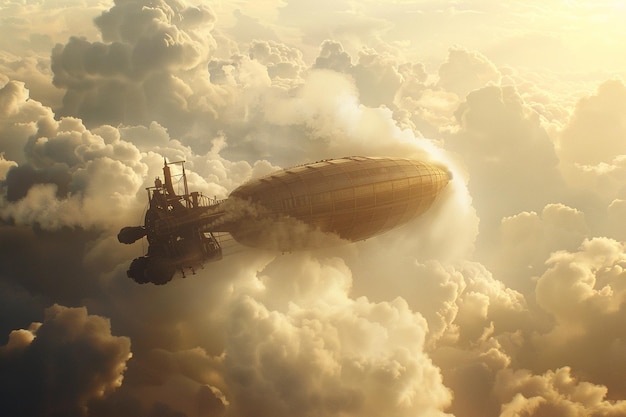 Un dirigeable steampunk s'élève à travers un sk rempli de nuages