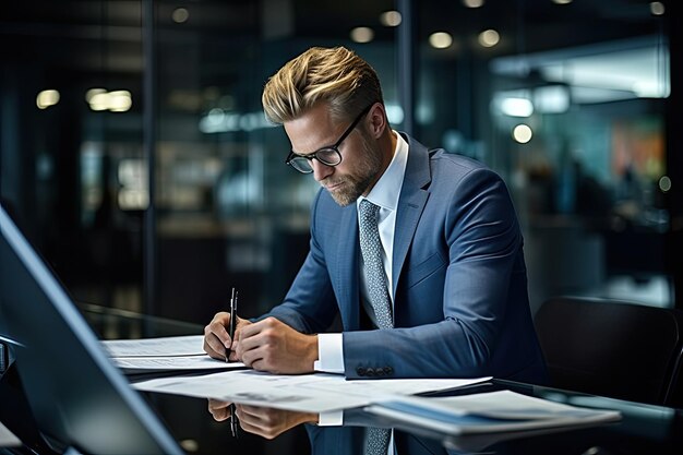 Un dirigeant d'entreprise concentré dans un bureau moderne examinant méticuleusement des tableaux et des graphiques financiers sur un bureau en verre. Des surfaces réfléchissantes et tranchantes mettent en évidence l'attention du dirigeant aux détails.