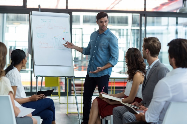 Dirigeants d'entreprises discutant sur tableau blanc