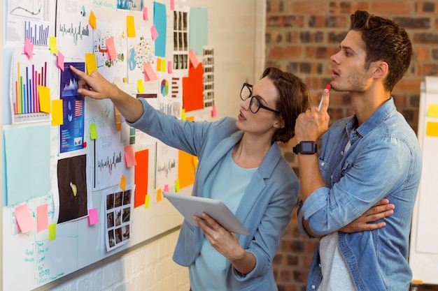 Dirigeants d'entreprises à la recherche de notes collantes et graphique sur tableau blanc