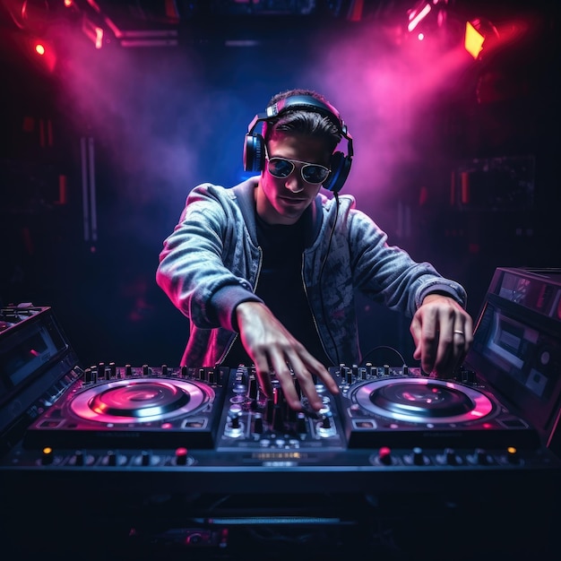 Photo disc-jockey au platine dj dans la boîte de nuit pendant la fête edm party concept ai générative